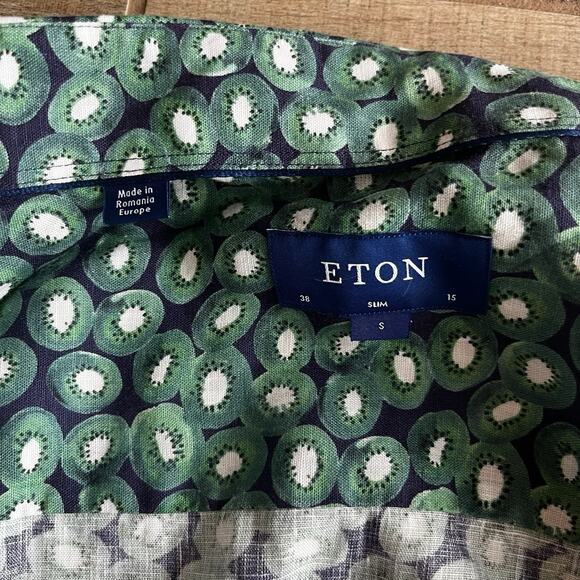 Eton 100% Linen Short Sleeve Button Up Shirt Green Blue Kiwi Print Sz 38 15 - Picture 4 of 11